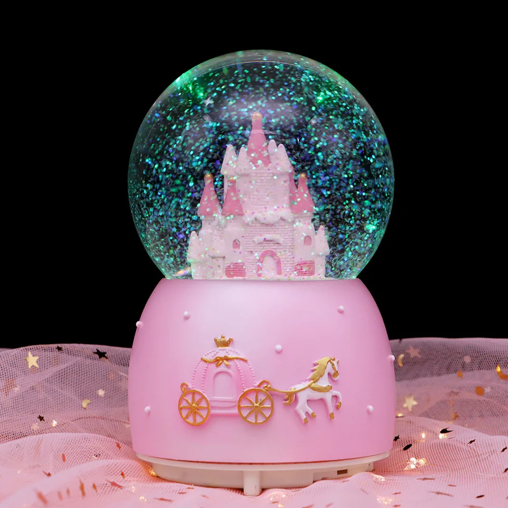 Pink Girl Heart 3D Castle Crystal Ball Music Box Colorful Light Snowflake Princess Girl Dream Birthday Party Valentine's Gift