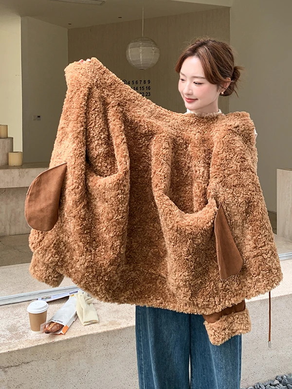 Brown Lamb Fur Jaet Women's ort Thiened Autumn Winter New Sle Warm Loose Fit Long Sve Button Closure
