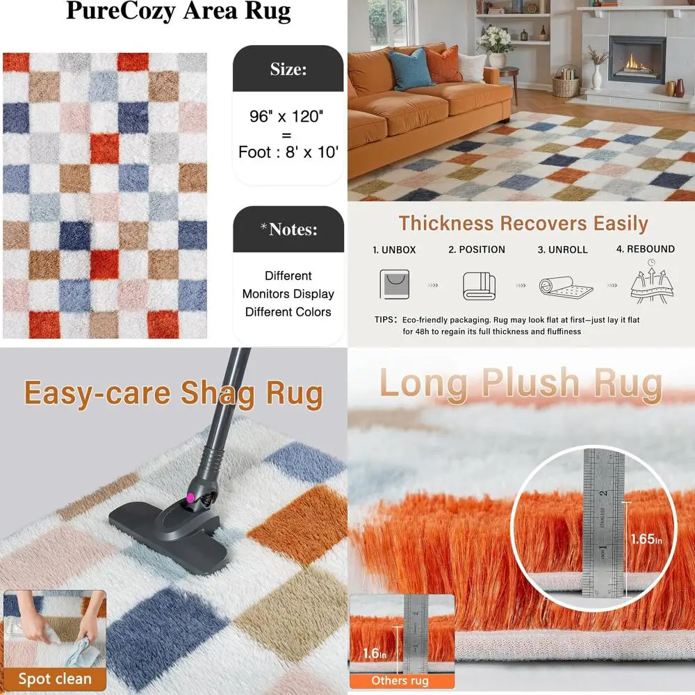 

8x10 Checkered Rug for Living Room, Soft Modern Rainbow Shag, Washable Non-Slip Area Rug, Plush Fuzzy Carpet for Bedroom, Aesthe