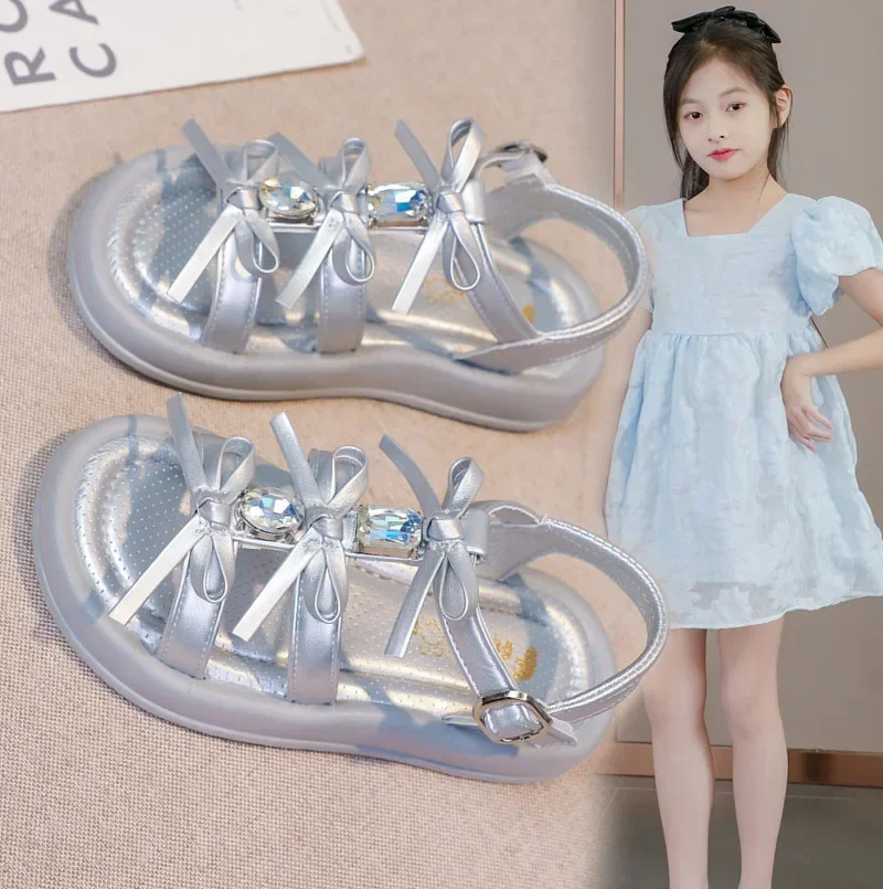 

Girls Sandals Shiny Crystal 2025 Summer New Kids Princess Shoes Open Toes Non-slip Children Beach Shoes Simple Bows Ins Trendy