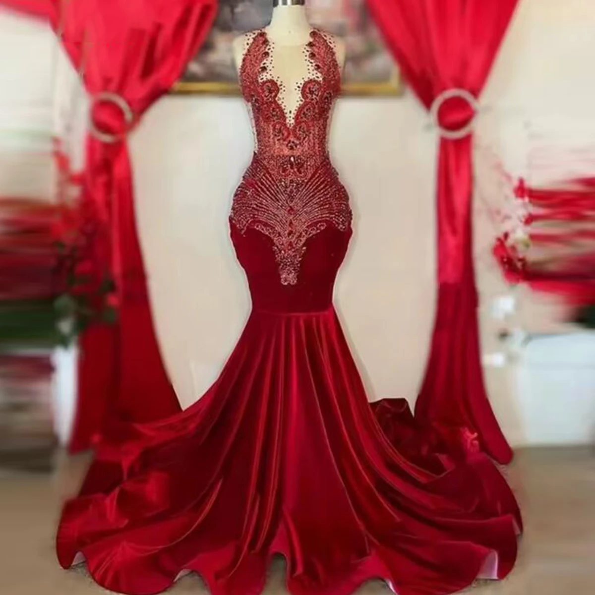 

Aso Ebi Русалка Пром платья для невесты Стразы из бисера с круглым вырезом Вечерние платья по индивидуальному заказу Иллюзия Тюль Robe De Mariee Luxury