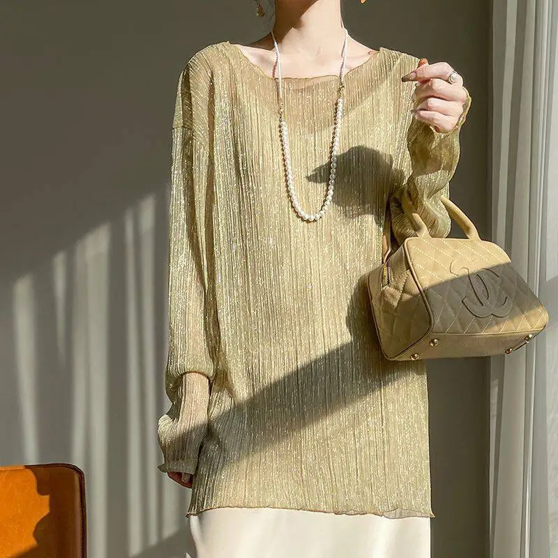 Net Yarn Simplicity Long Sleeve Street Casual Tops Summer New Thin Sequined Loose Trend T Shirts Fashion Elegant Women Clothing