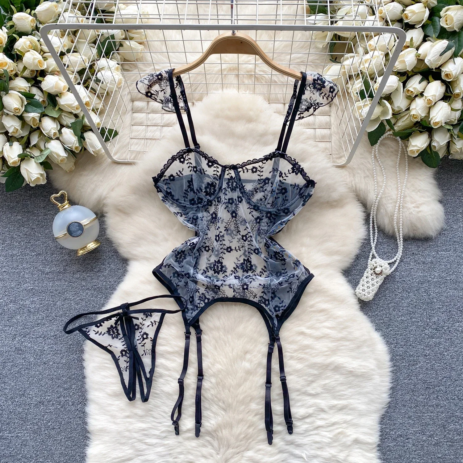 

Women Camis Porno Bodysuits Uniform Sheer Sensual Bodycon Playsuits Female Erotic Open crotch Cosplay Sexy Rompers Ruffles Lace