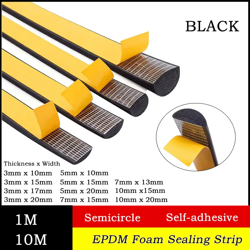 

1/10M T: 2~45mm W:10~50mm EPDM Foam Semicircle Sealing Strip Self-adhesive Sear-resistant Single-sided Adhesive Sealing Strip
