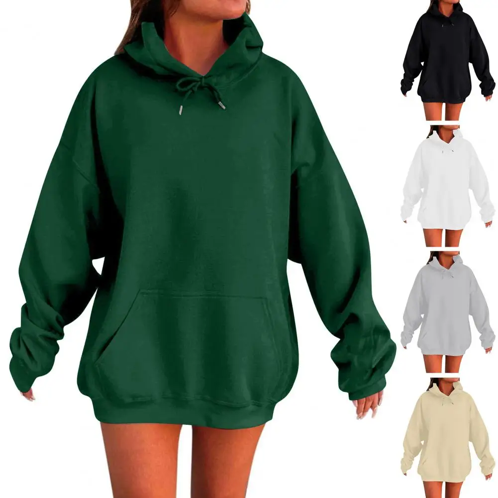 Solid Color Pullover Hoodie Hooded Top Cozy Oversized Hoodie with Big Front Pocket for Women Mid Length Loose Fit Casual Hoodie