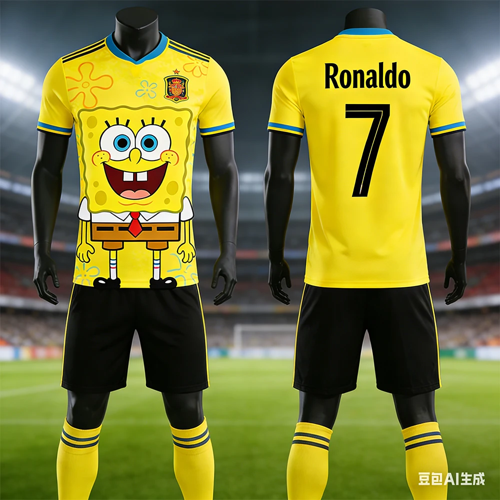 

Spongebob Squarepants No. 7 Tee Shorts Set Ronaldo Letter Printed Sports Set Kid/Adult Oversized Breathable Quick Drying Set