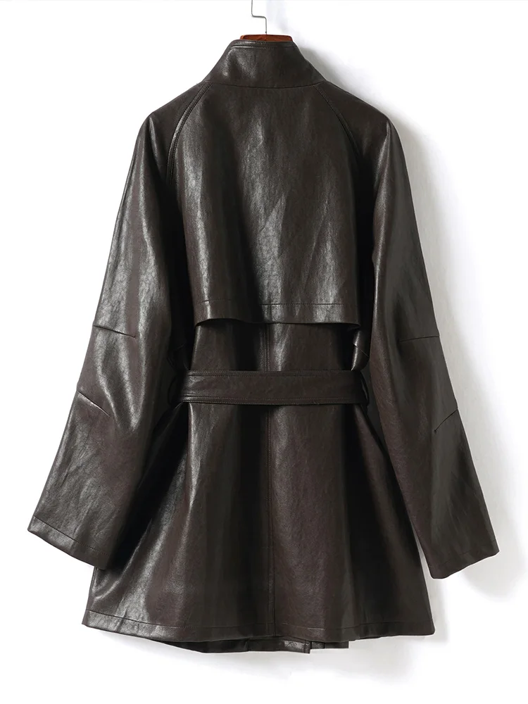 New Women Casual Loose Split Leather Coat Fashion Stand Collar Single Breasted Slim Waist With Belt Daily Leather Jacket