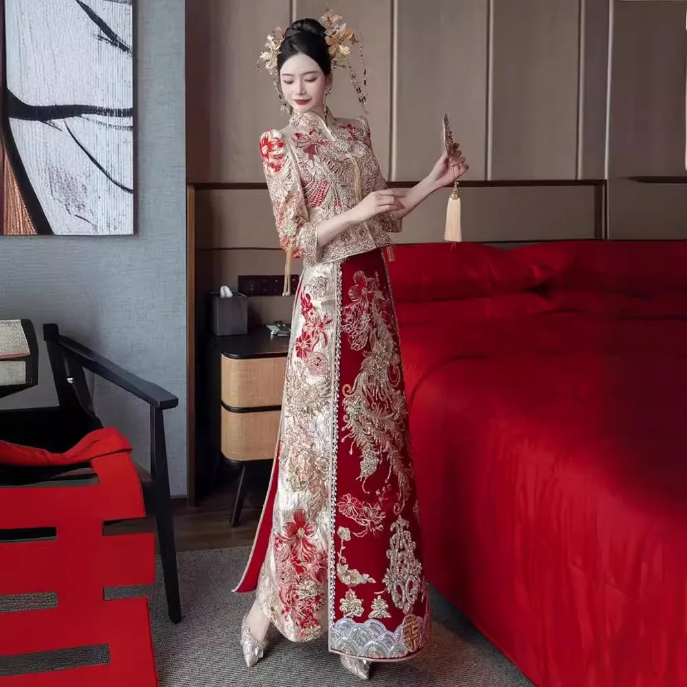 Xiuhe-Terno chinês nupcial Tang, Bordado Cadeia Brasão, Tang Suit, Vestido de casamento, High-end Dragão Phoenix, Indústria Pesada, Luxo