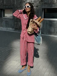 Marthaqiqi Plaid Women Nightgowns Suit Turn-Down Collar Sleepwear Long Sleeve Nightwear Pants Casual Ladies Pajamas 2 Piece Set
