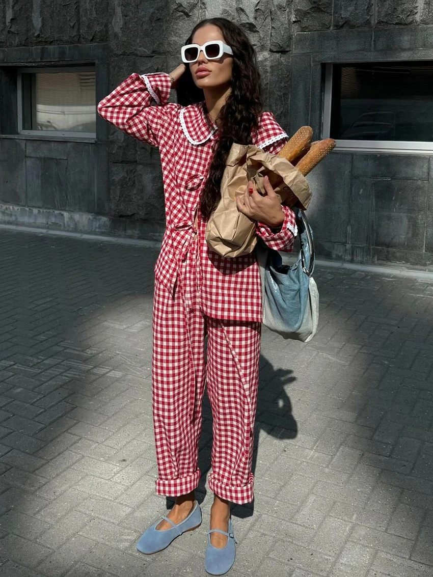 Marthaqiqi Plaid Women Nightgowns Suit Turn-Down Collar Sleepwear Long Sleeve Nightwear Pants Casual Ladies Pajamas 2 Piece Set