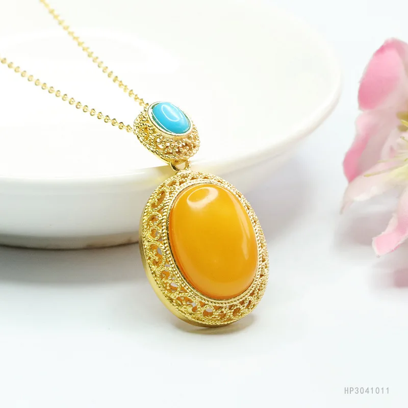 Chinese Style Lucky Blessing Natural Old Amber Beeswax Pendant Inlaid Turquoise Gold Filigree Vintage Wealth Attracting Good Luc