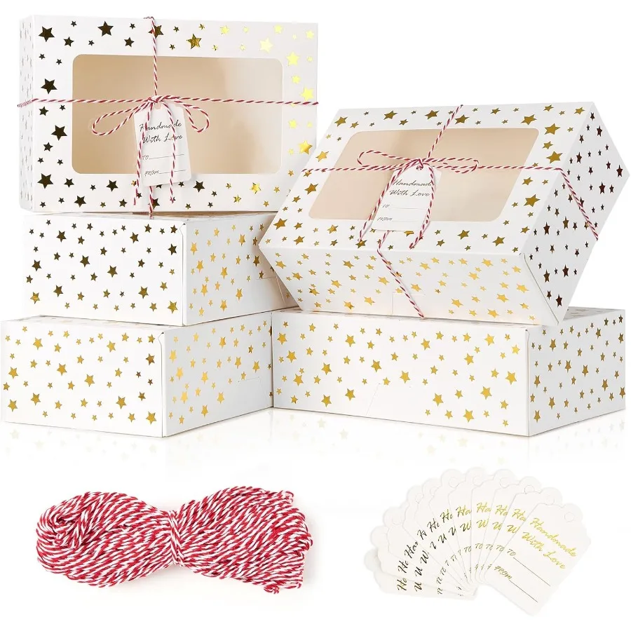 24 cajas de galletas navideñas para regalos, cajas de golosinas de estrella dorada de 9x6x3 pulgadas con ventana, caja de panadería blanca AutoPopup para Cho