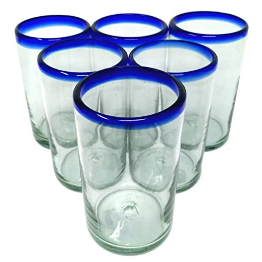 

Мексиканские стаканы ручной работы - набор из 6 стаканов с кобальтово-синими ободками, 14 унций каждый.