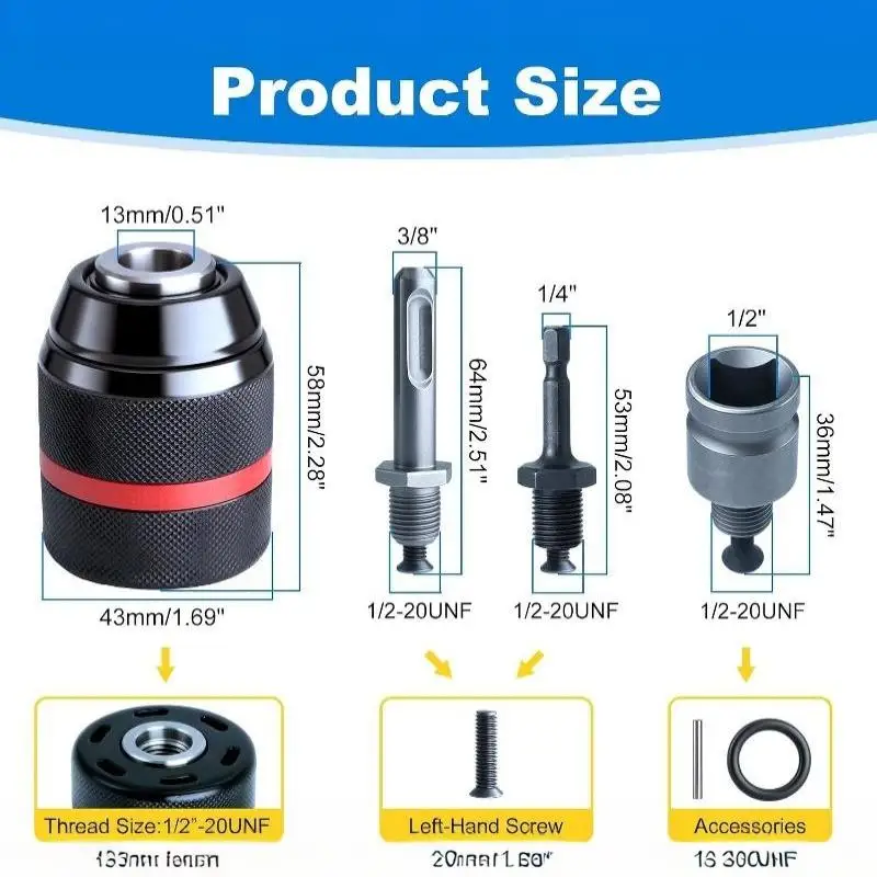 【BA】Heavy Duty Drill Chuck Adapter Set Wide Compatibility 1.5-13mm Clamping Range For Home Repair Woodworking Drilling
