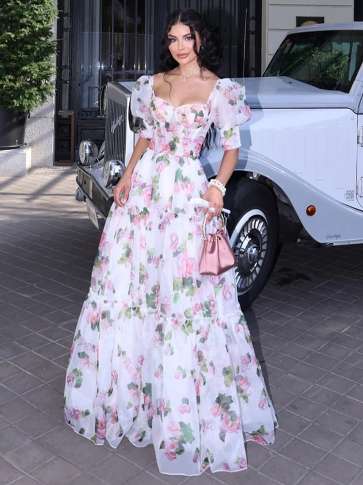 

Retro printed square neck strapless cinched waist dress 2025 summer women's fashion multi-layered pleated loose puffy dress