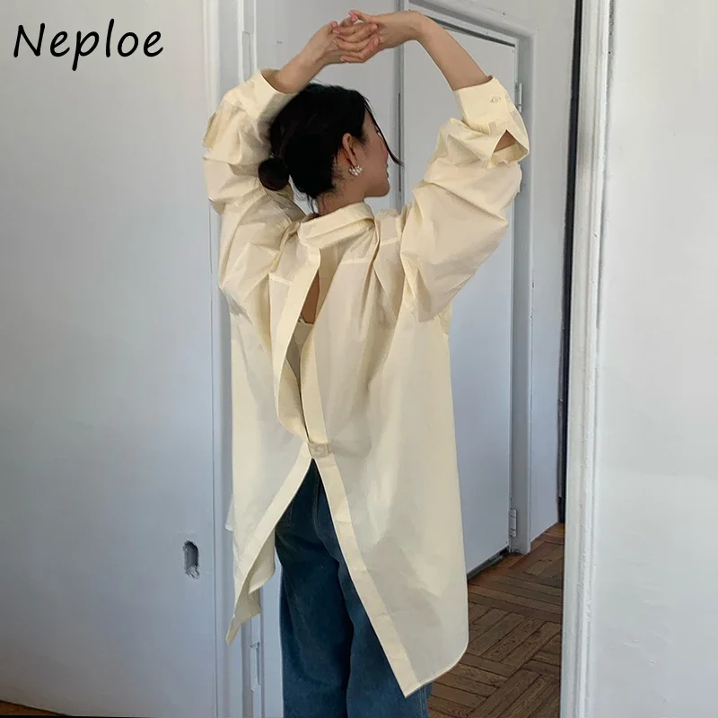 Neploe Design Sense Niche Shirt Women Korea Chic Loose Back Slit Mid-Length Off-Shoulder Blusa 2024 Autumn Simple Elegant Blouse