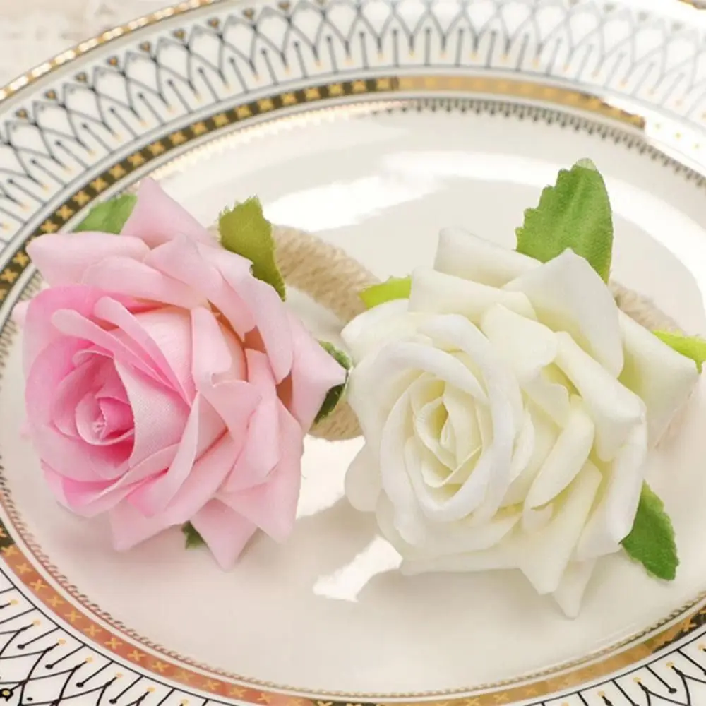 6Pcs Plastic Artificial Flowers Napkin Ring Elegant Romance Rose Flower Napkin Rings Handmade Fake Peony Serviette Buckles