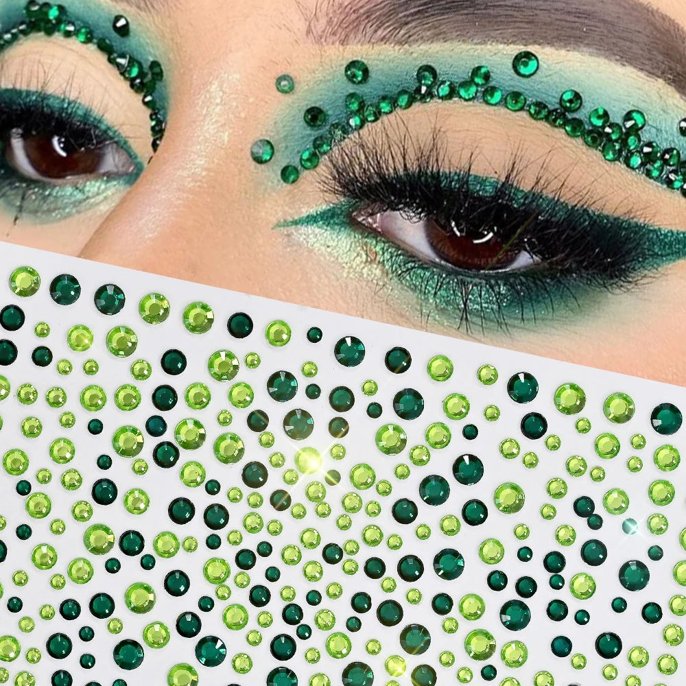 1 Sheet Green Diamond Face Jewels Tattoos Self Adhesive Stickers Eyes Face Gem Rhinestones Women DIY Party Makeup Decoration