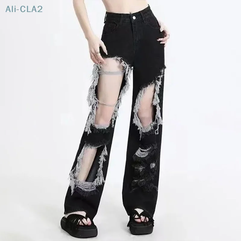 

Fashion High Waist American Style Tassel Ripped High Street Jeans For Women