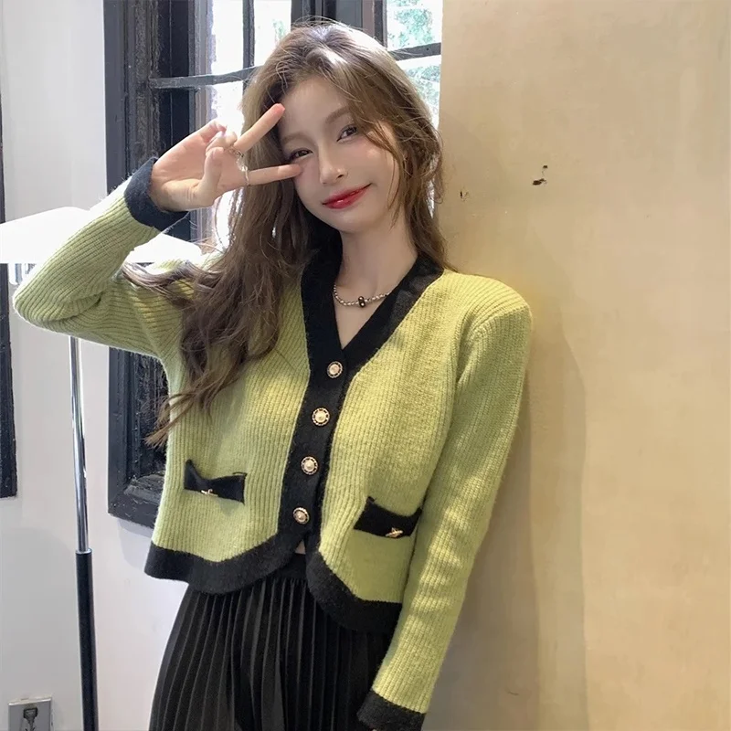 Olive een Cardigan lavorato a maglia in colore a contrasto e cinturino Dr Set Faion da donna Autunno Inverno Set in due pezzi a vita alta Lungo S...