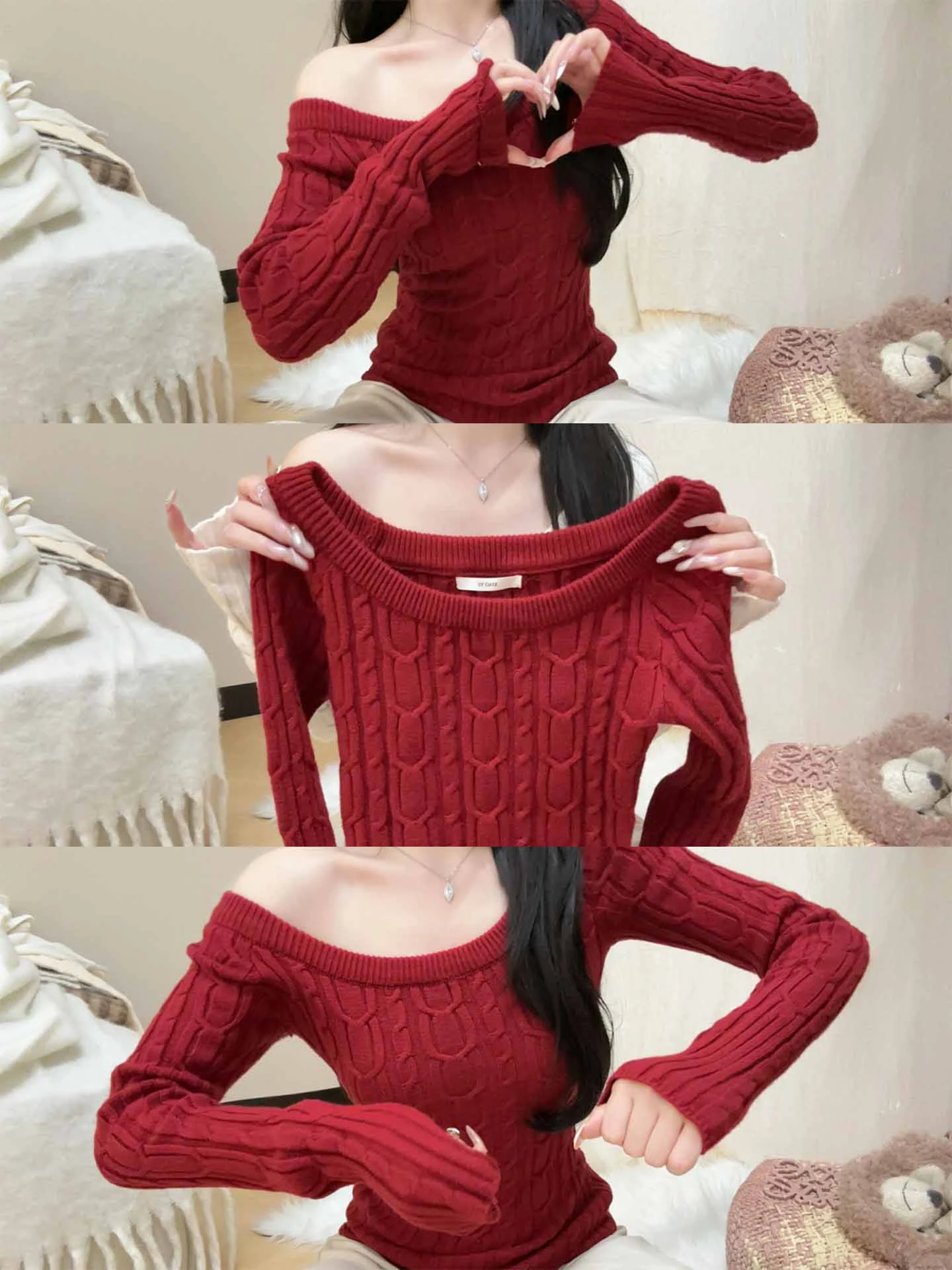 

Korean Sle Red One-oulder Twisted Knit Base irt Women's Slimming Spring Faionable Sweater Beautiful Top for Young Girls