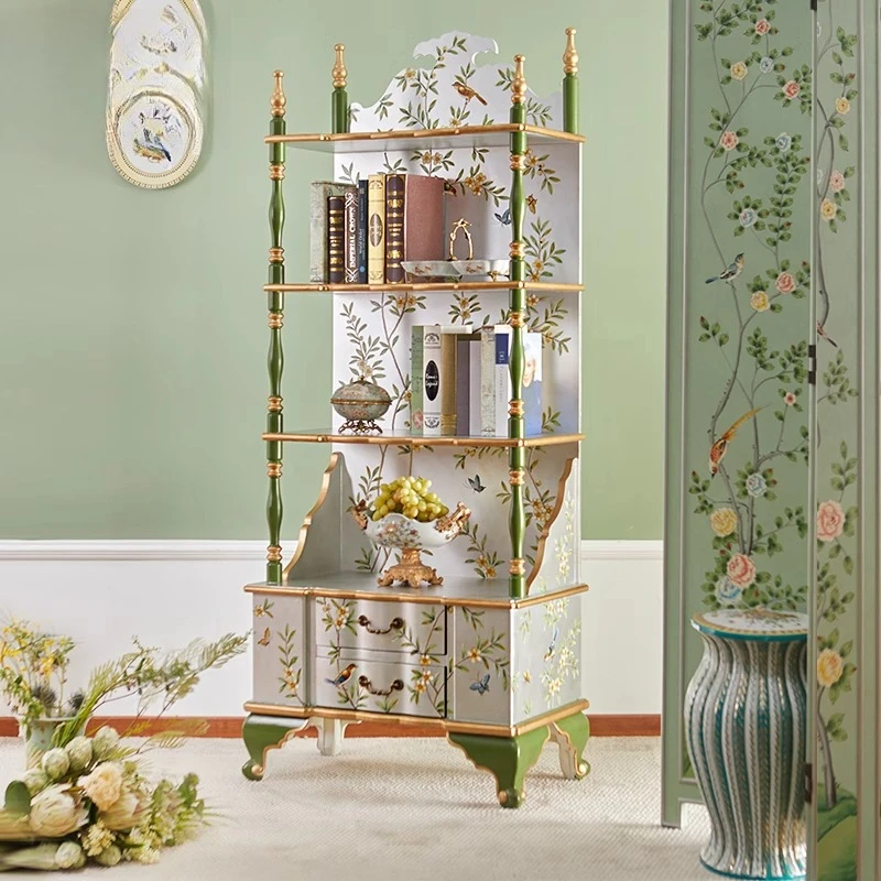 

Chinese style bookshelf solid wood hand-painted display case retro storage shelf classical display shelf silver