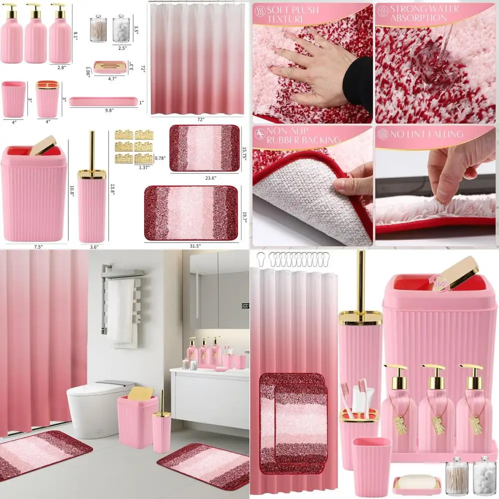 

Pink Bathroom Set with Shower Curtain, Rugs, and Trash Can | 32-Piece Accessory Kit