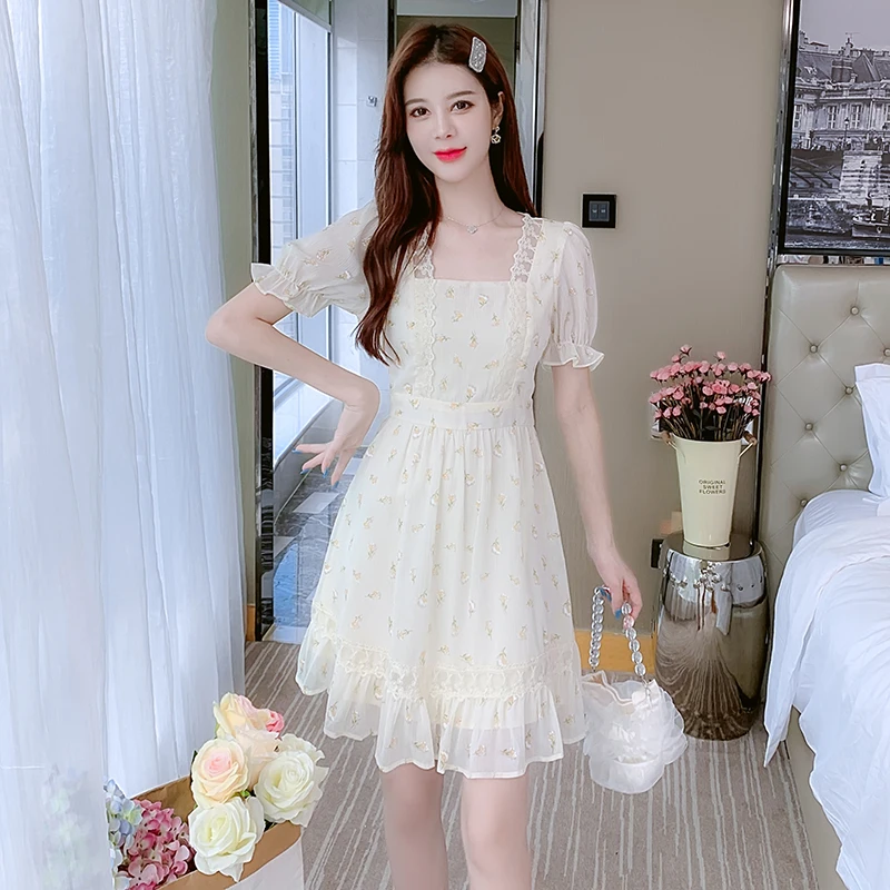 Süßer, sanfter, floraler Chiffon-Rock von Dr. Princ mit Initialen-Datum, hohe Taille, Bubble Sve ort Summer Commute Sle A-Line Dr