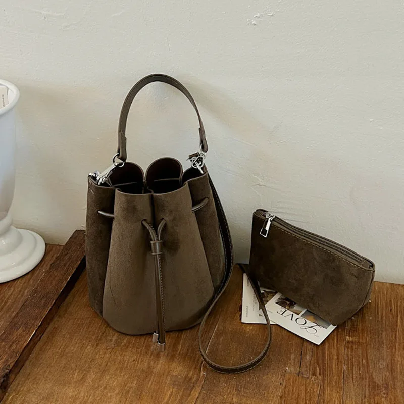 Faux Suede Flower Petal Bucket Bag for Women New Autumn Vintage Maillard Party Handbags Commuter Shoulder Crossbody Bags view 3