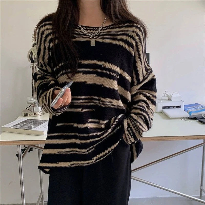 MEXZT Retro Striped Sweaters Women Loose Patchwork Knitted Jumpers Vintage Streetwear Punk Gothic Long Sleeve Oversize Pullover