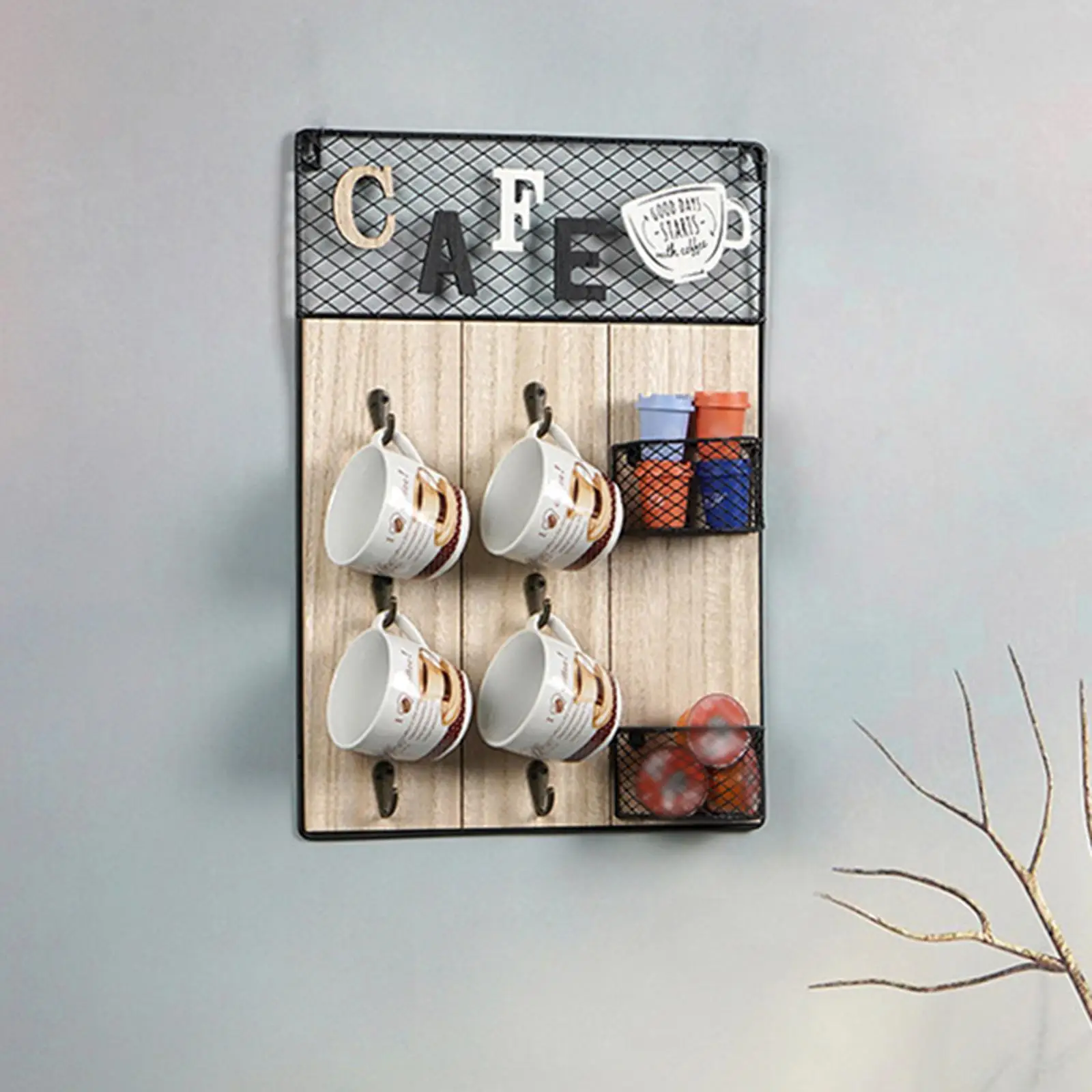 Wall Mounted Mug Display Stand Wood Rack Organizer Coffee Cup Holder Rustic Space Saving for Kitchen Cabinet Storage