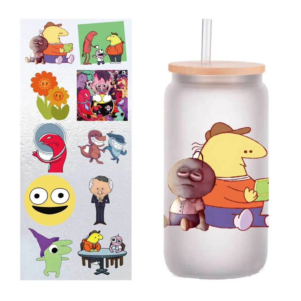 

10 pieces/pack cartoon smiling friends UV transfer stickers Crystal label glass stickers customized four inches.