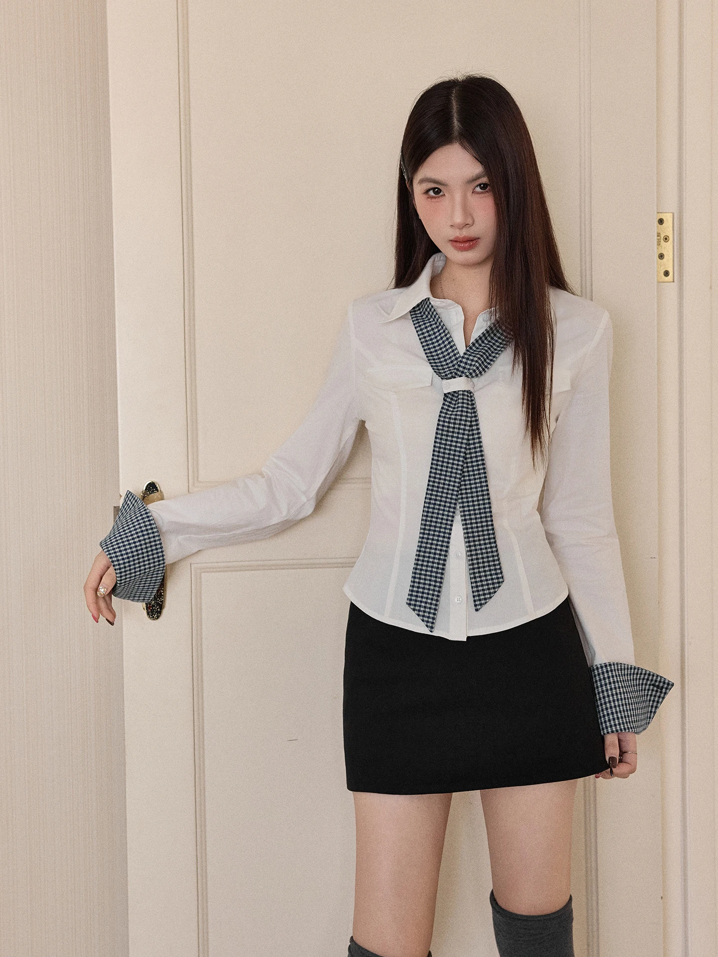 

Slim Fit Long Sleeve Shirt Women's Original Korean Style Pure Desire Spicy Girl Turn-down Collar Inner Wear Top Spring Autumn