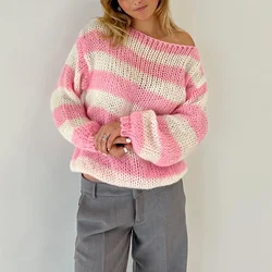 Women Y2k Oversized Striped Sweater Color Block Crew Neck Long Sleeve Pullover Jumpers Cute Retro Preppy Streetwear