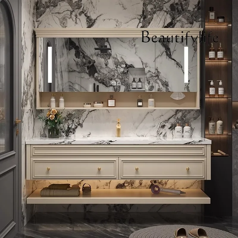 Light luxury American bathroom cabinet,rock slab ceramic seamless basin combination, oak washstand, hot bending integrated basin