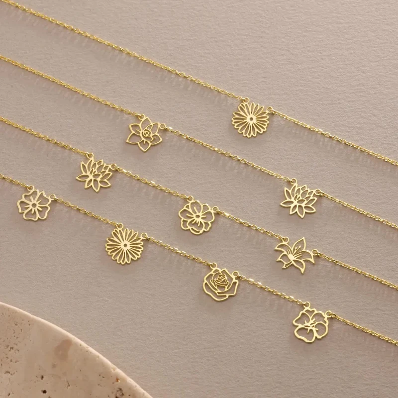 Customized Birth Flowers Necklace Women Kids Stianless Steel Custom Family Birth Month Flower Necklaces Christmas Jewelry Gift