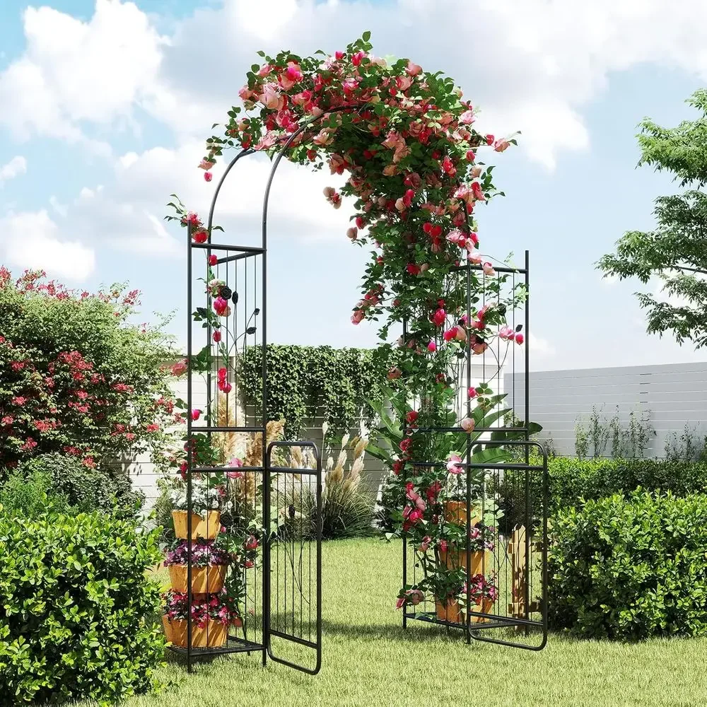 87 Metal Garden Arch with Gate and Planter Shelves - Outdoor Trellis for Climbing Plants, Perfect for Weddings and Garden Partie