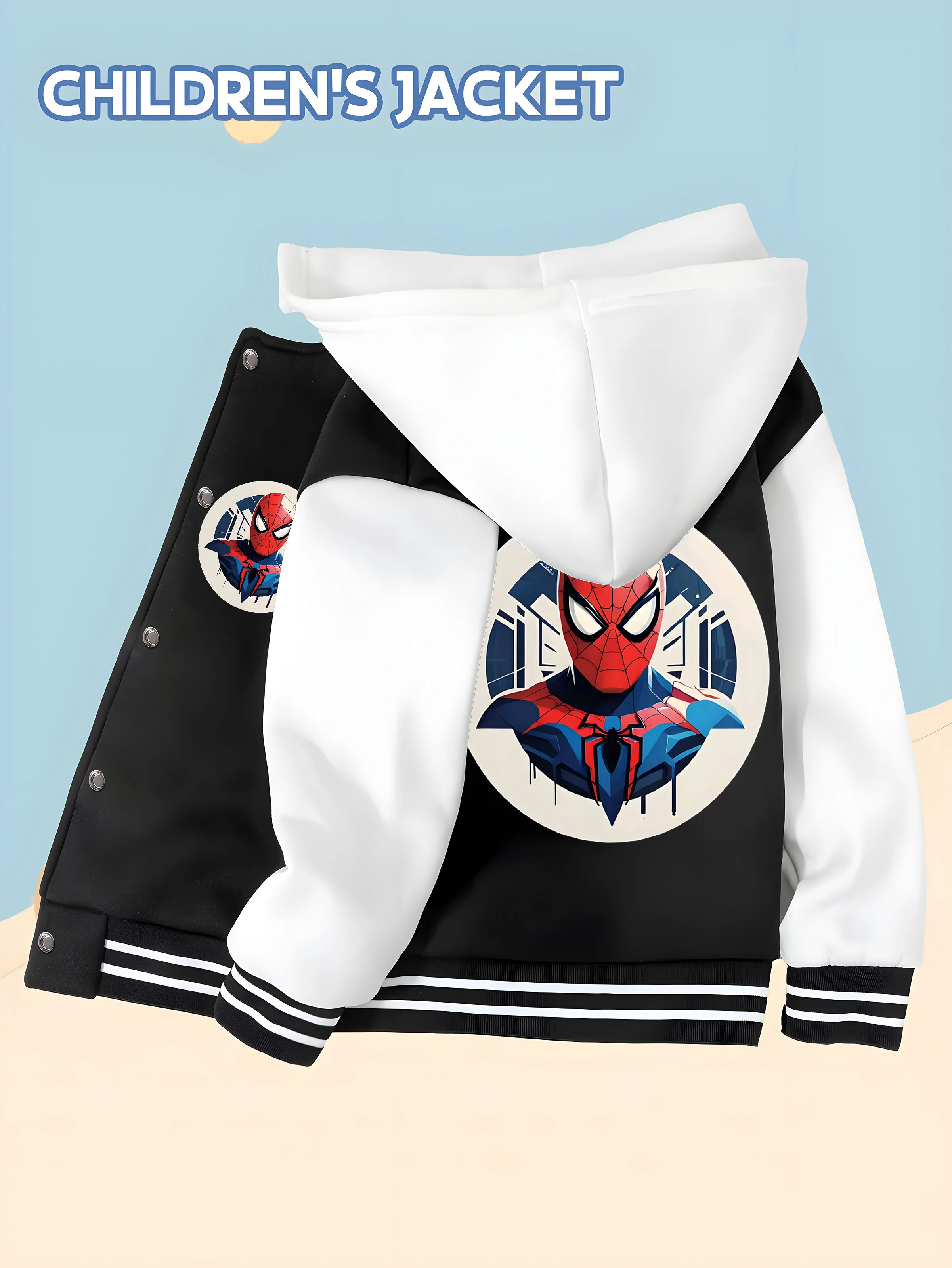 

MINISO Trendy Spider-Man boys' baseball jacket with personalized art print, hooded baseball style, trendy design and comfortable