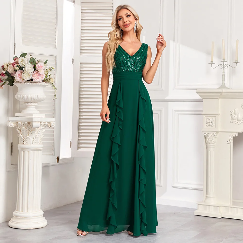 

Graceful 2024 Long Green A Line Evening Dress Shiny Sequined Chiffon Floor Length Women Formal Gowns Dropshipping