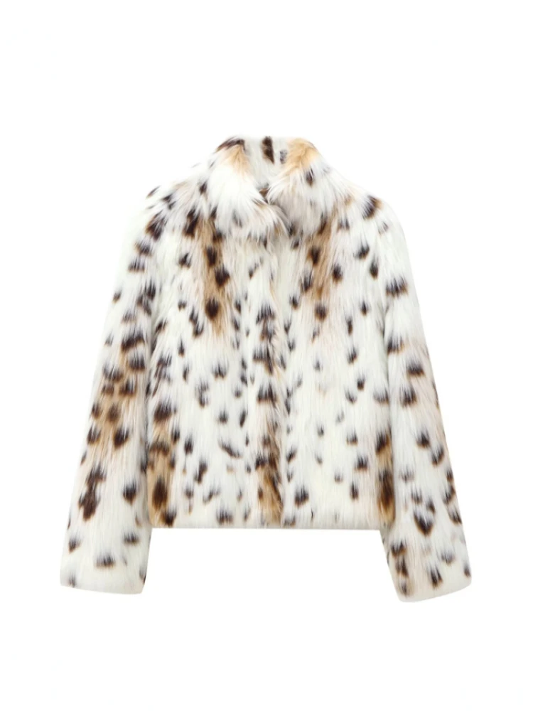 ZBZA Women Leopard Faux Fur Loose Jacket Warm Long Sleeve Lapel Hidden Button Animal Pattern Overcoat Fall Winter Lady Chic Coat