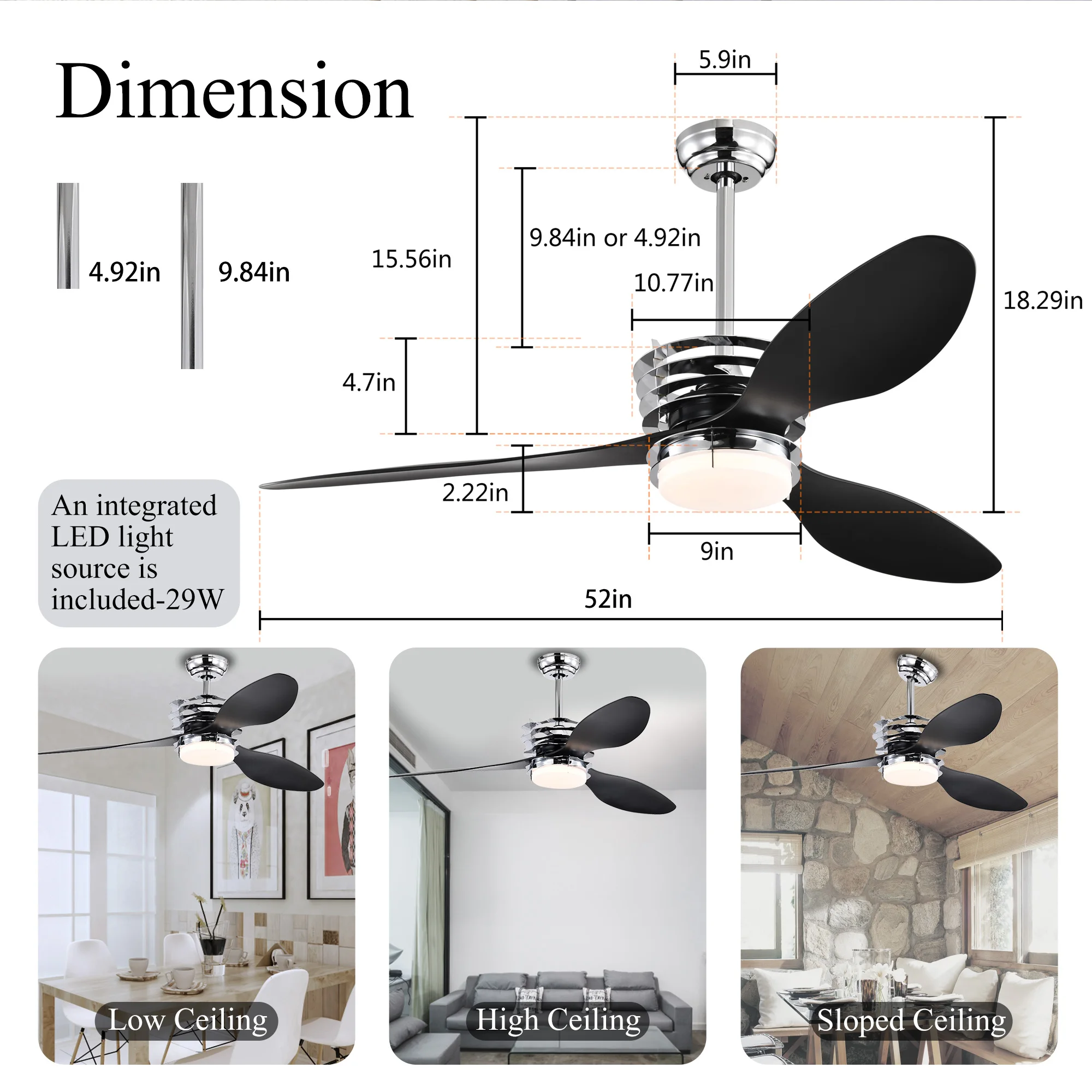 52'' ABS Blades Ceiling Fan with Lights and Remote (6 Speeds Adjustable) Indoor Ceiling Fan with Light for Home Use