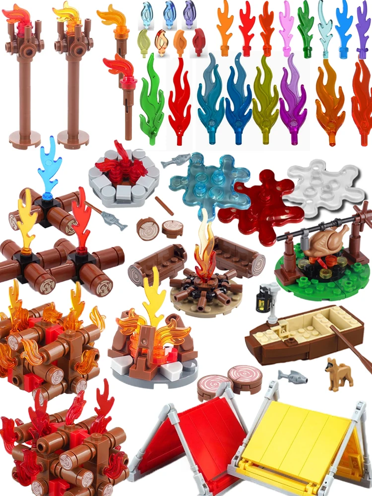 Blocs de construction médiévaux MOC, compatibles avec plumes de flamme, Camping, pile en bois, accessoires de tente de feu de joie, modèle Mini briques, jouets cadeaux
