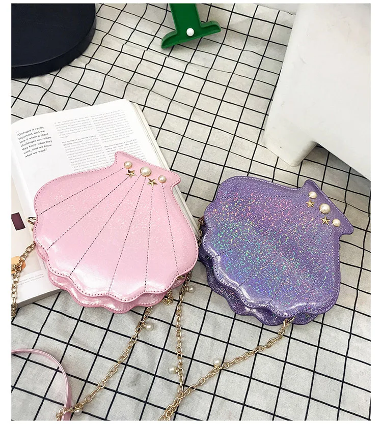 Women's Holographic Iridescent Shell Bag Stylish Unique Design Pearl & Chain Strap Shoulder & Crossbody Bag