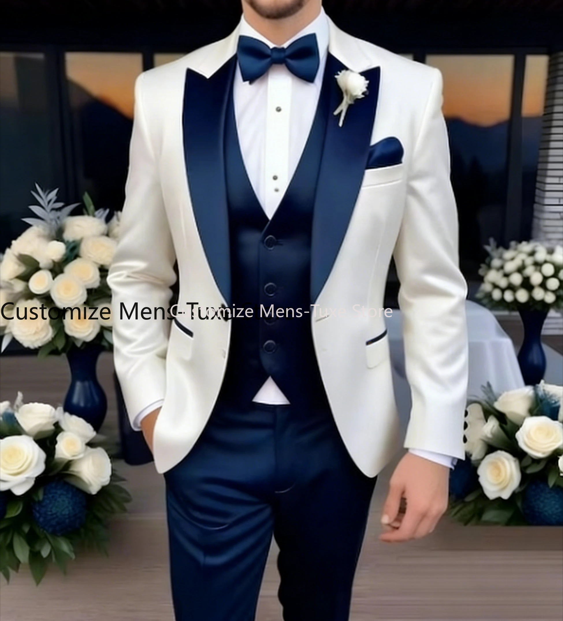 

White And Blue Business Men Suit Formal Occasion Groom Groomsman Wedding Party Prom Male Tuxedo 3 Piece Set Blazer Vest Pants