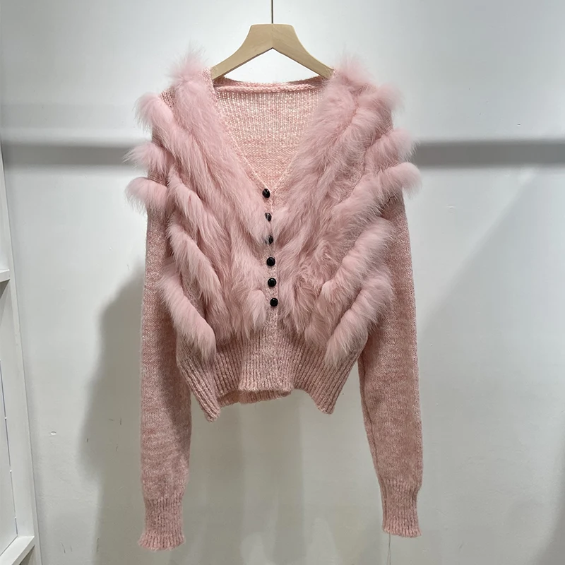 Women Spring Thin Real Fox Fur Outside Decoration Lady's Autumn Pink Sweater Knitted Button Coat