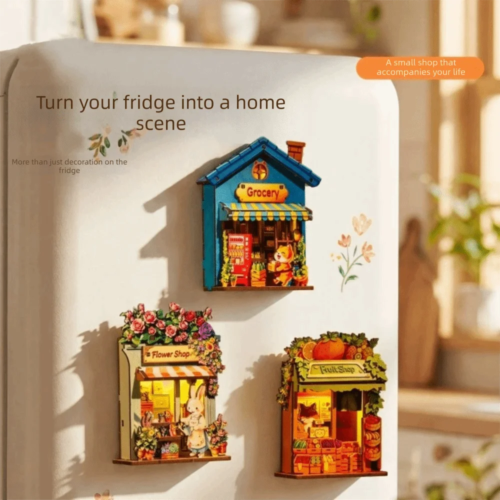 Animals Shop Wooden Fridge Magnet Handmade Miniature DIY House Puzzle Toy Assembly Model LED Light 3D Wooden Puzzle Kit - view 3