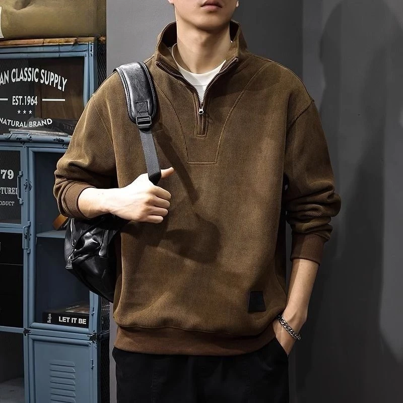 

Harajuku Texture Stand-up Collar Sweatshirt Half Zipper Pullover Men Solid Versatile Loose Tops Long Sleeve Jacket Streetwear
