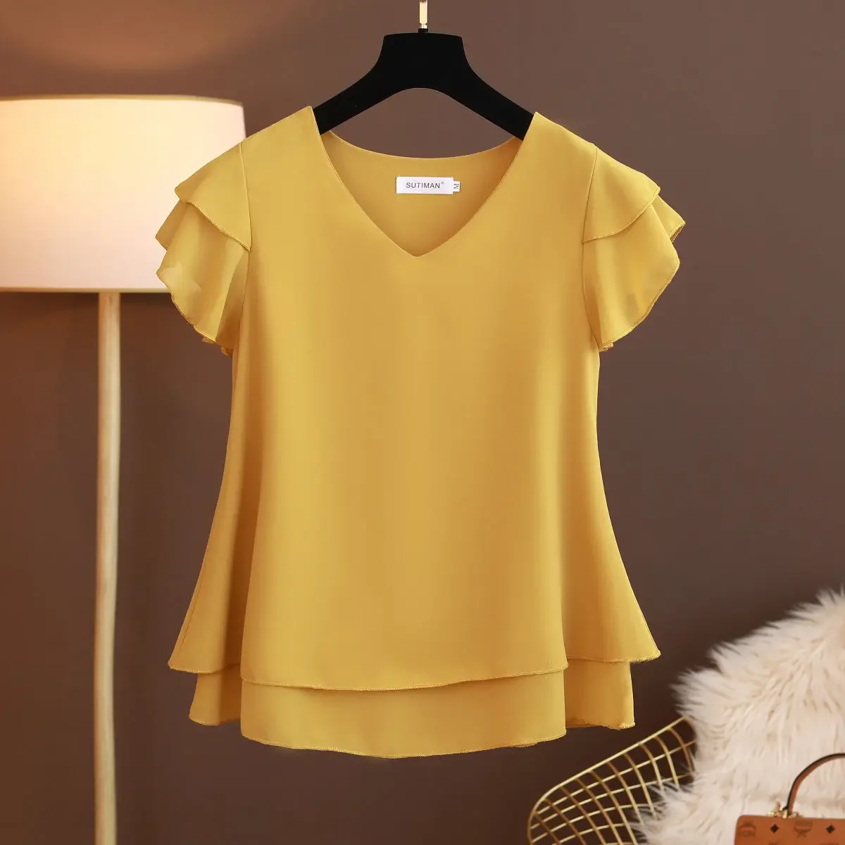 2024 Summer New Women Blouse V-Neck Chiffon Shirt Loose Female Short Sleeve Blouse Oversized Shirts Womens Tops Blusas Mujer De