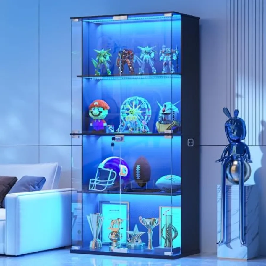 Locking Glass Display Cabinet with LED Lights and Motion Sensor for retail use, tempered glass, black, secure locking mechanism