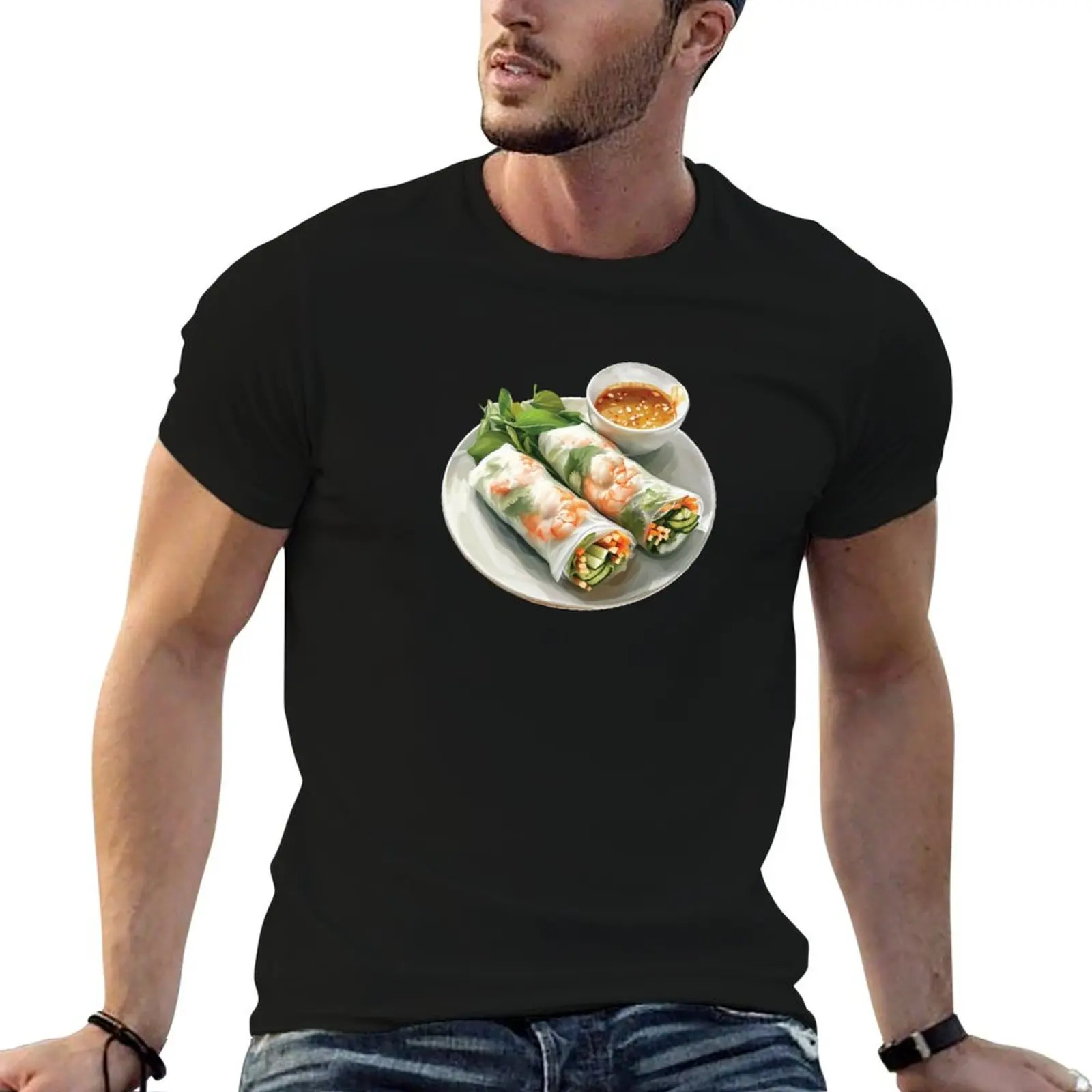 Rollo de primavera de camarones frescos asiáticos con salsa de maní, camisetas para hombre, paquete de camiseta blanca